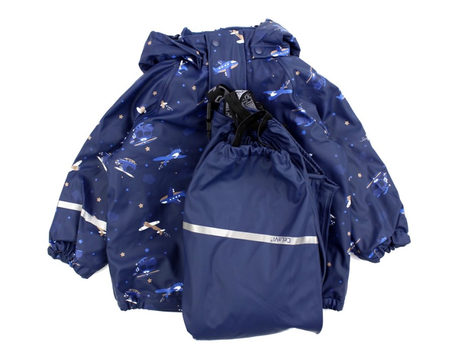 Clearance Celavi Celavi Pageant Blue Printed Rainwear Pants And Jacket With Fleece Lining