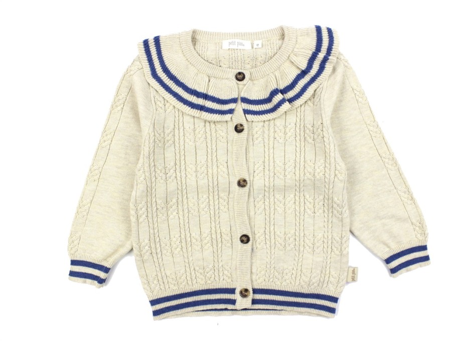 Online Petit Piao Petit Piao Nature White/Denim Blue Knit Cable Collar Cardigan